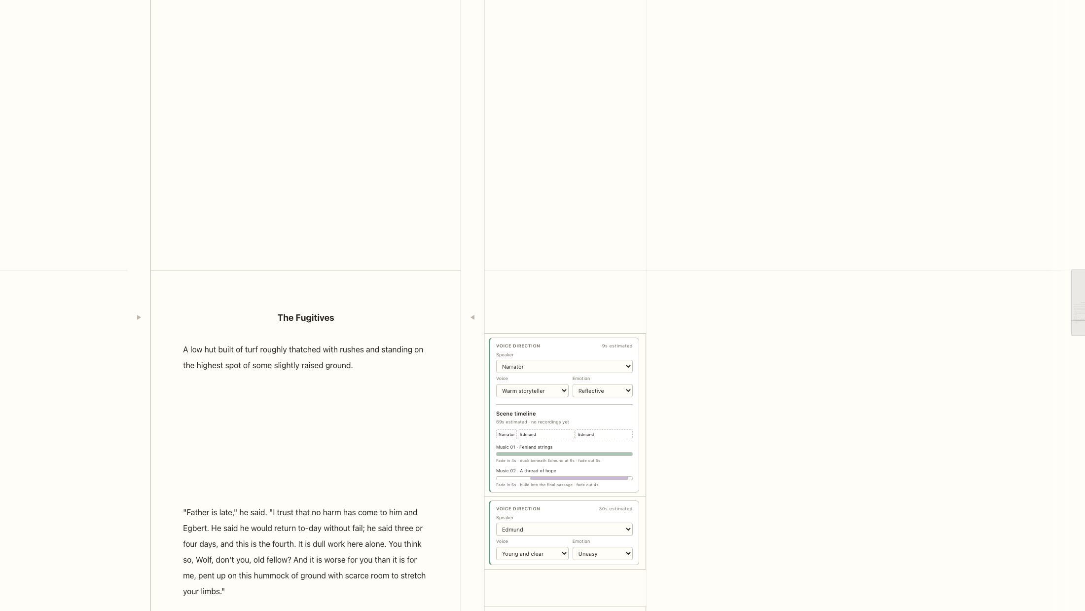 Prose beside voice-direction cards with speaker, emotion, and a music timeline.
