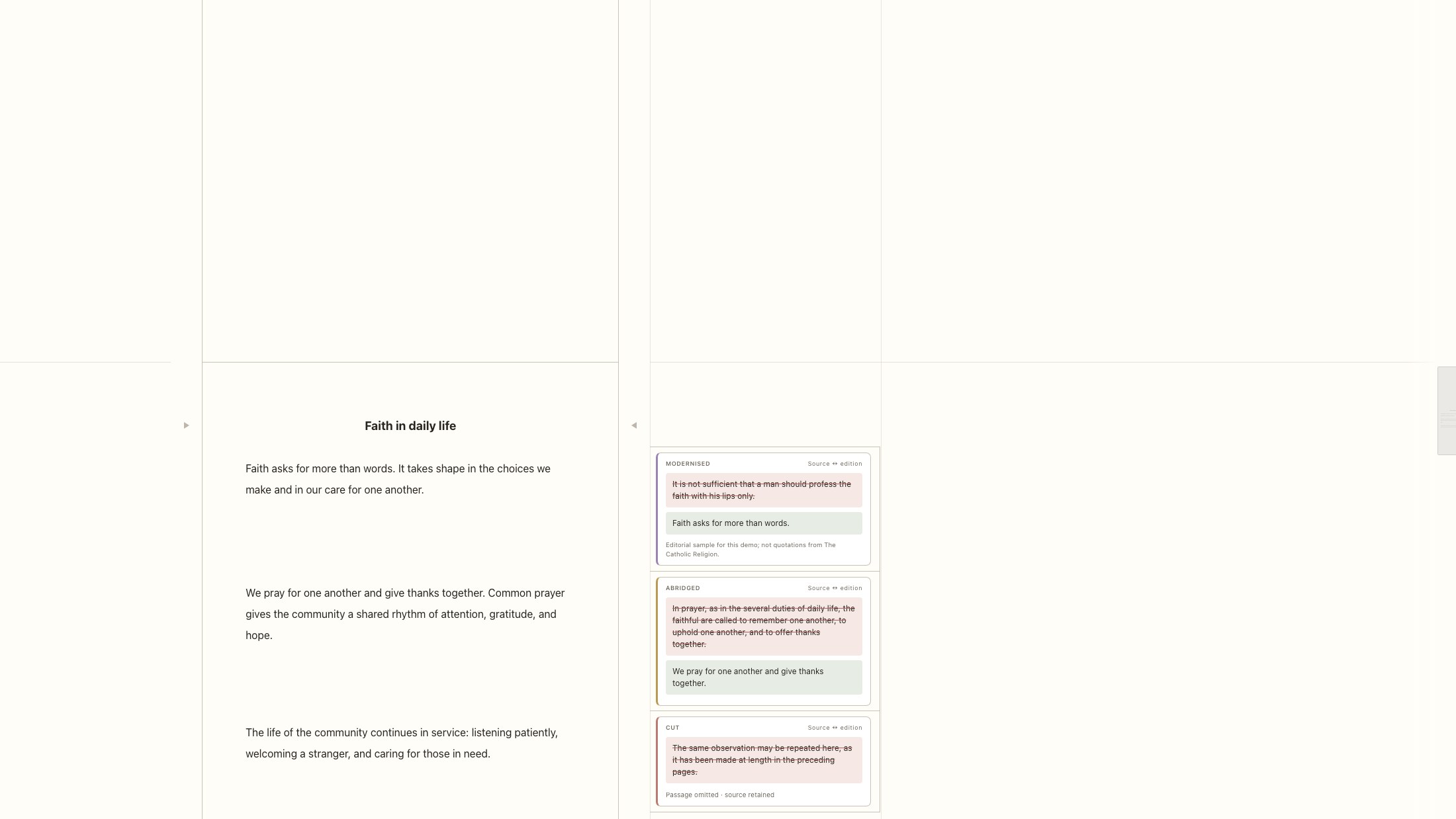 Modernised prose beside cards comparing each passage with the source edition.